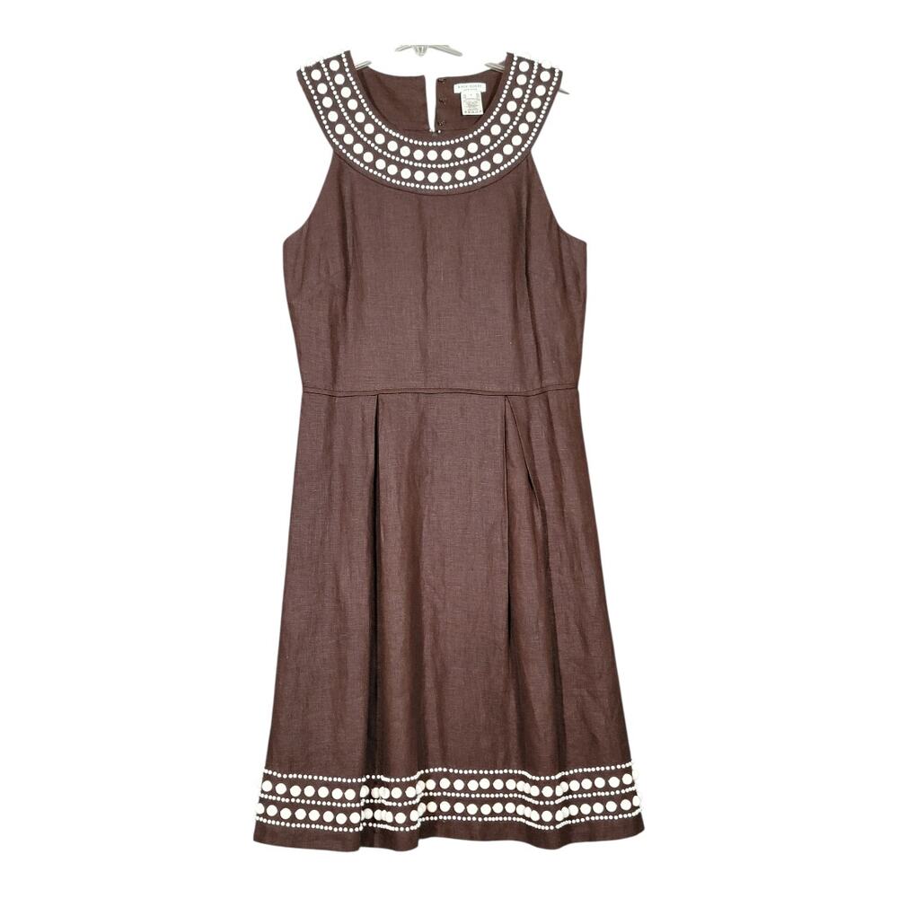 Kate Spade New York Linen Beaded Sleeveless A-Line Dress Brown White Trim Mud222